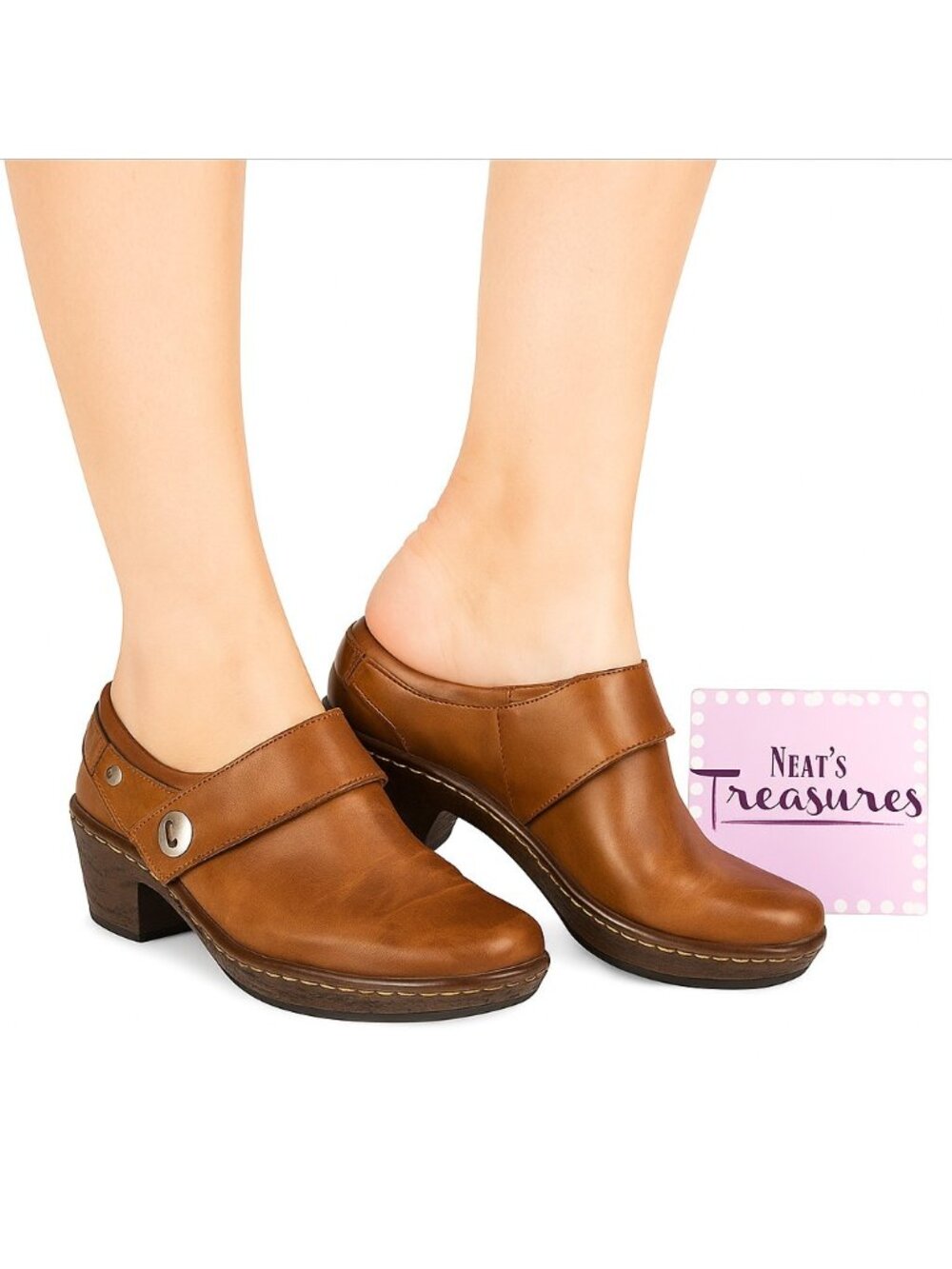 Klogs Footwear LANDING Brown Leather Medium Block Heel Comfort Clog Shoes Sz 6 M